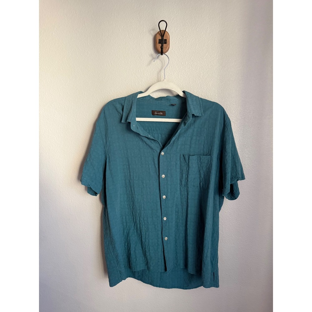 Tasso Elba Button Down Shirt Mens XL Teal Excellent Silk Rayon Textured S/S